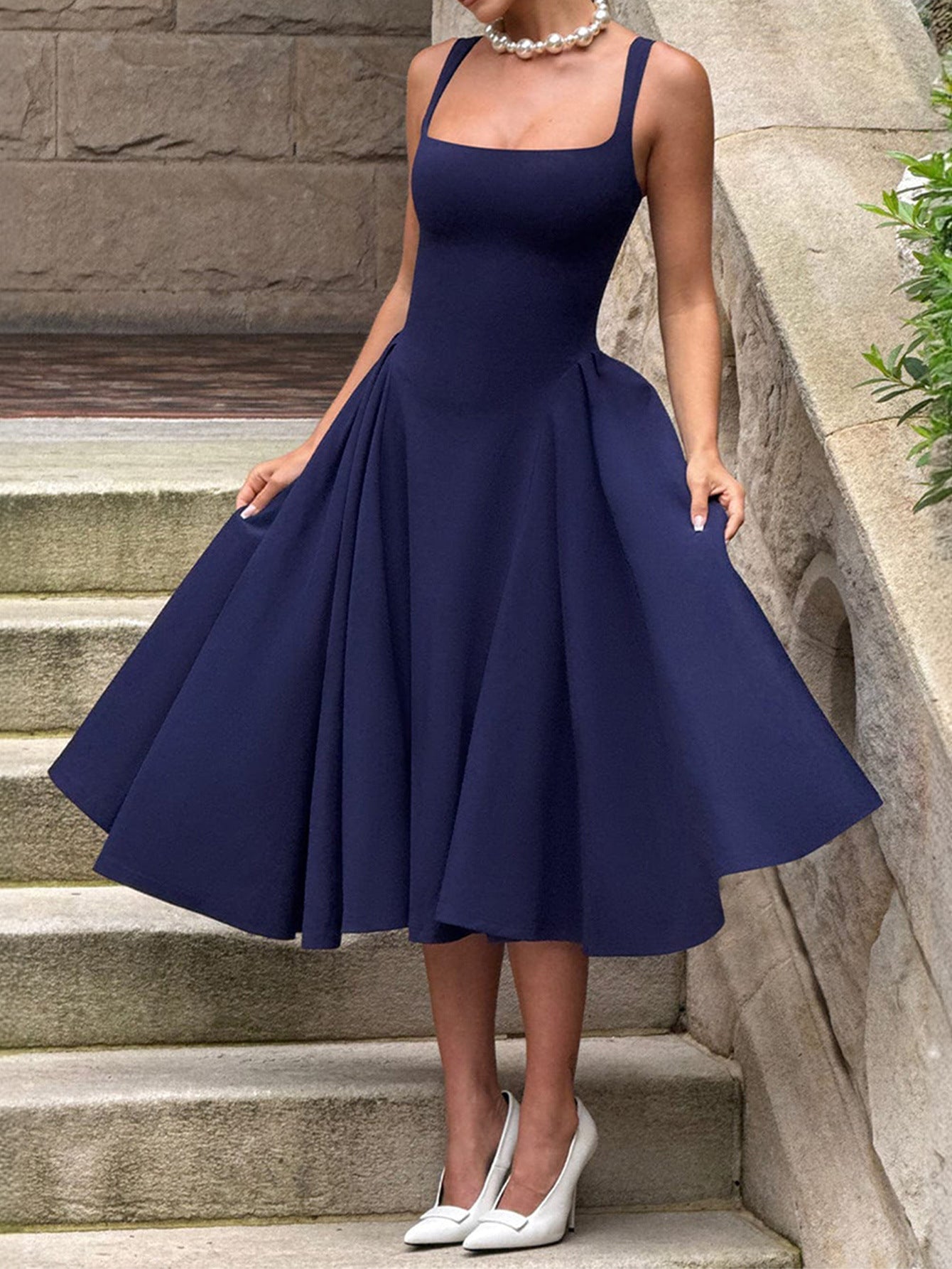 A-Line Midi Dress with Square Neckline and Wide Straps