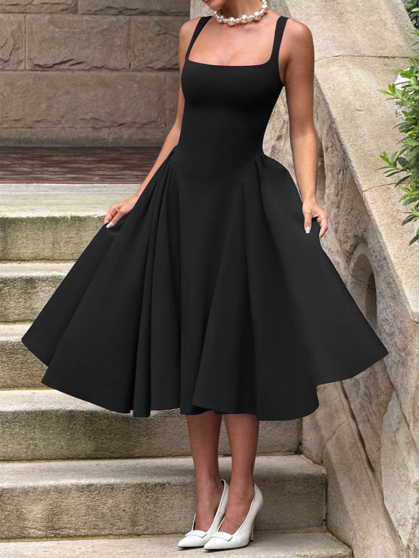 A-Line Midi Dress with Square Neckline and Wide Straps