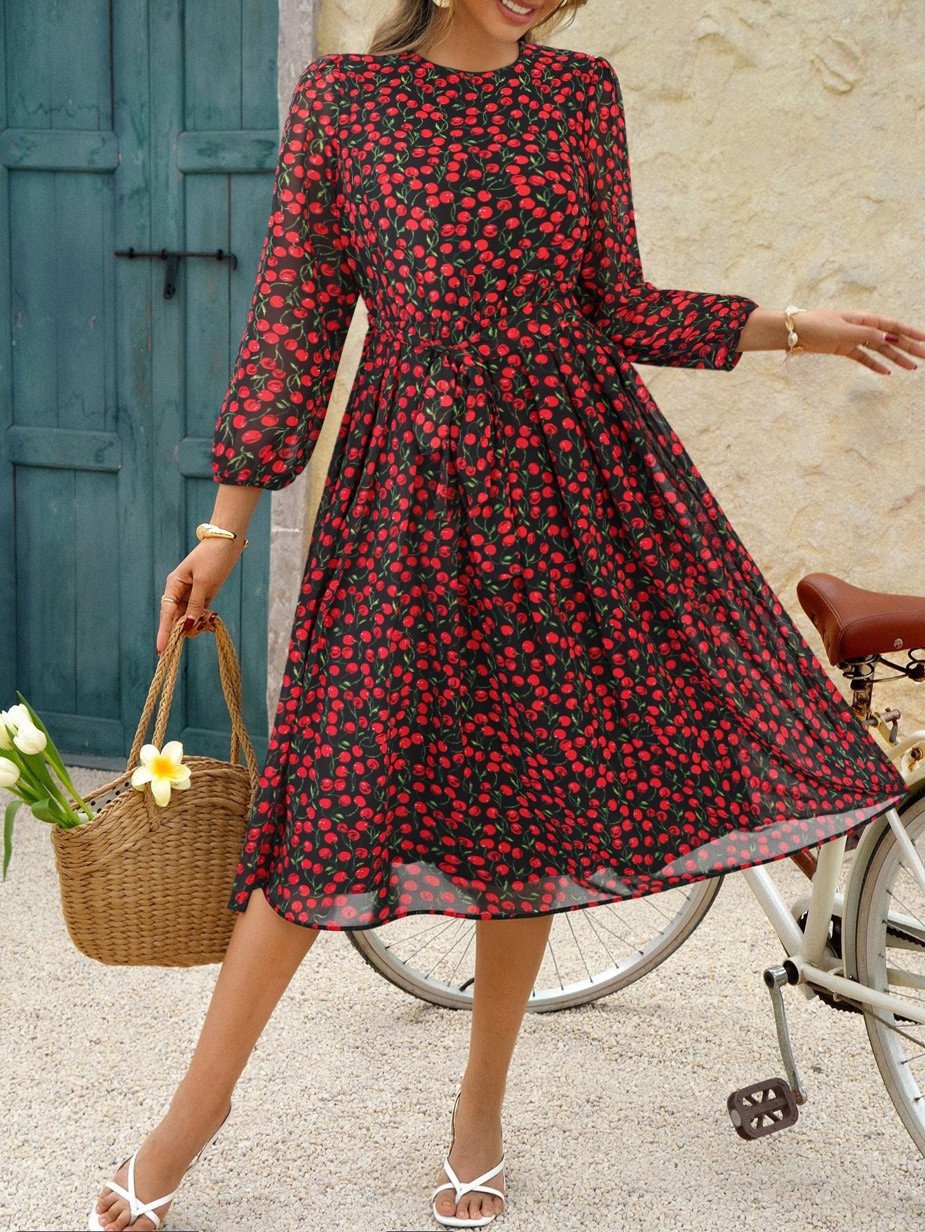 Floral A-Line Midi Dress with Lantern Sleeves