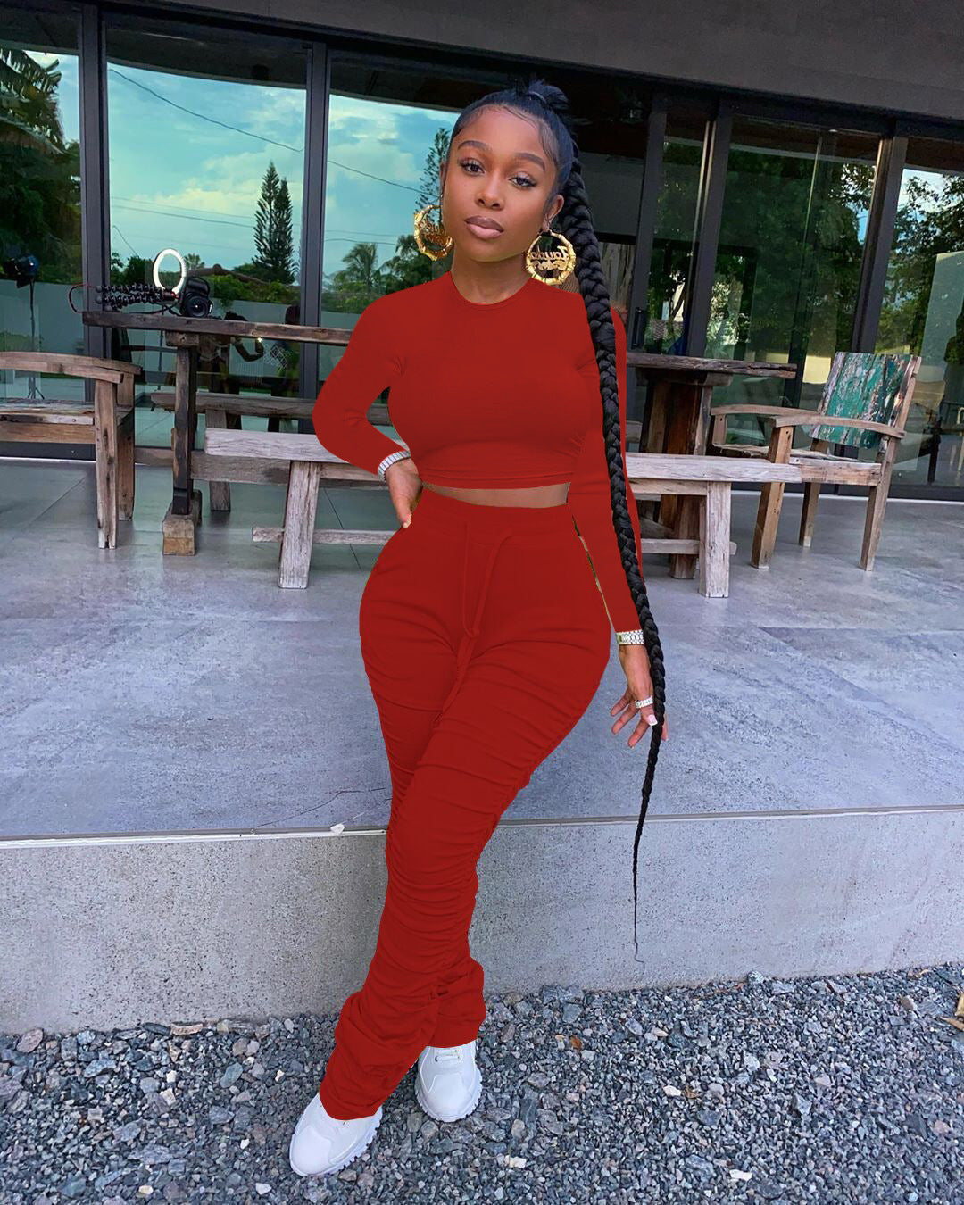 Two-Piece Set with Long Sleeve Crop Top and Ruched Stacked Trousers