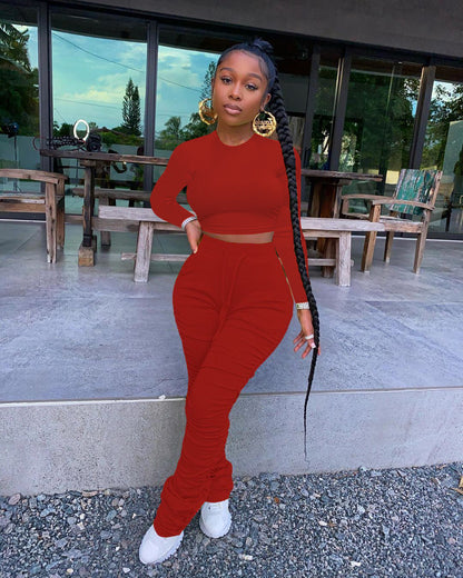 Two-Piece Set with Long Sleeve Crop Top and Ruched Stacked Trousers