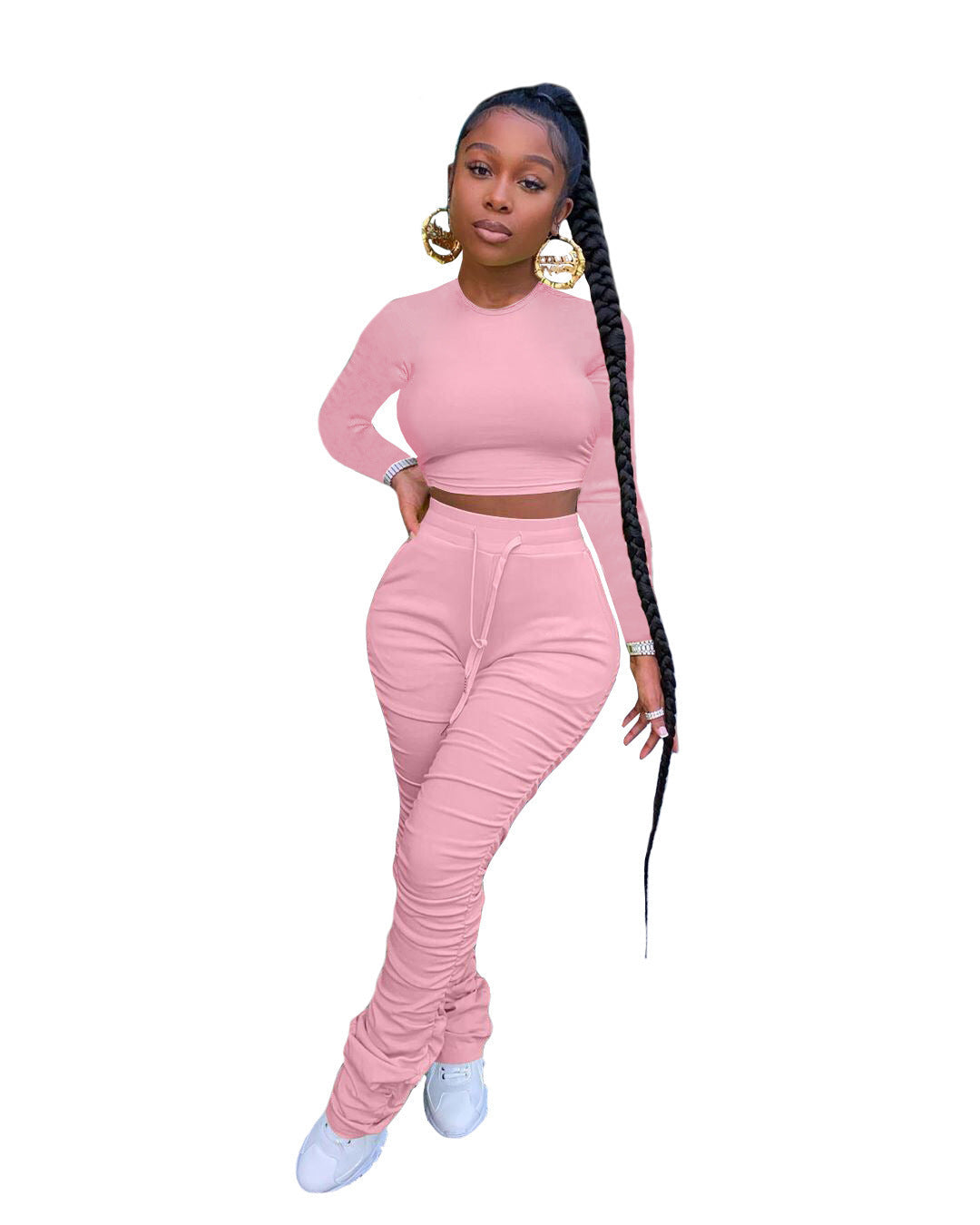 Two-Piece Set with Long Sleeve Crop Top and Ruched Stacked Trousers