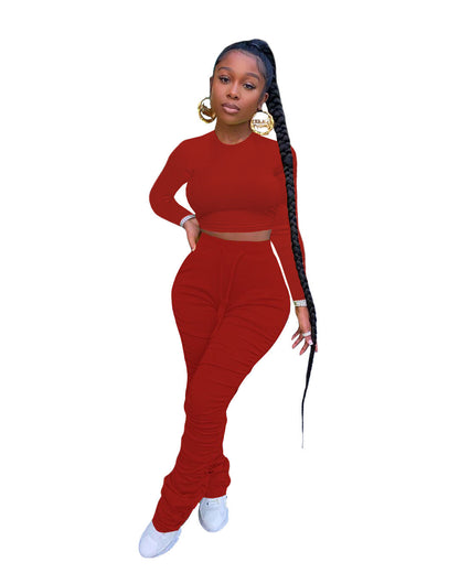 Two-Piece Set with Long Sleeve Crop Top and Ruched Stacked Trousers