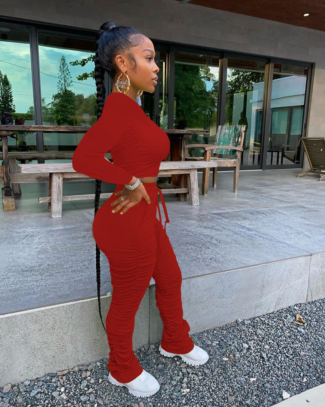 Two-Piece Set with Long Sleeve Crop Top and Ruched Stacked Trousers