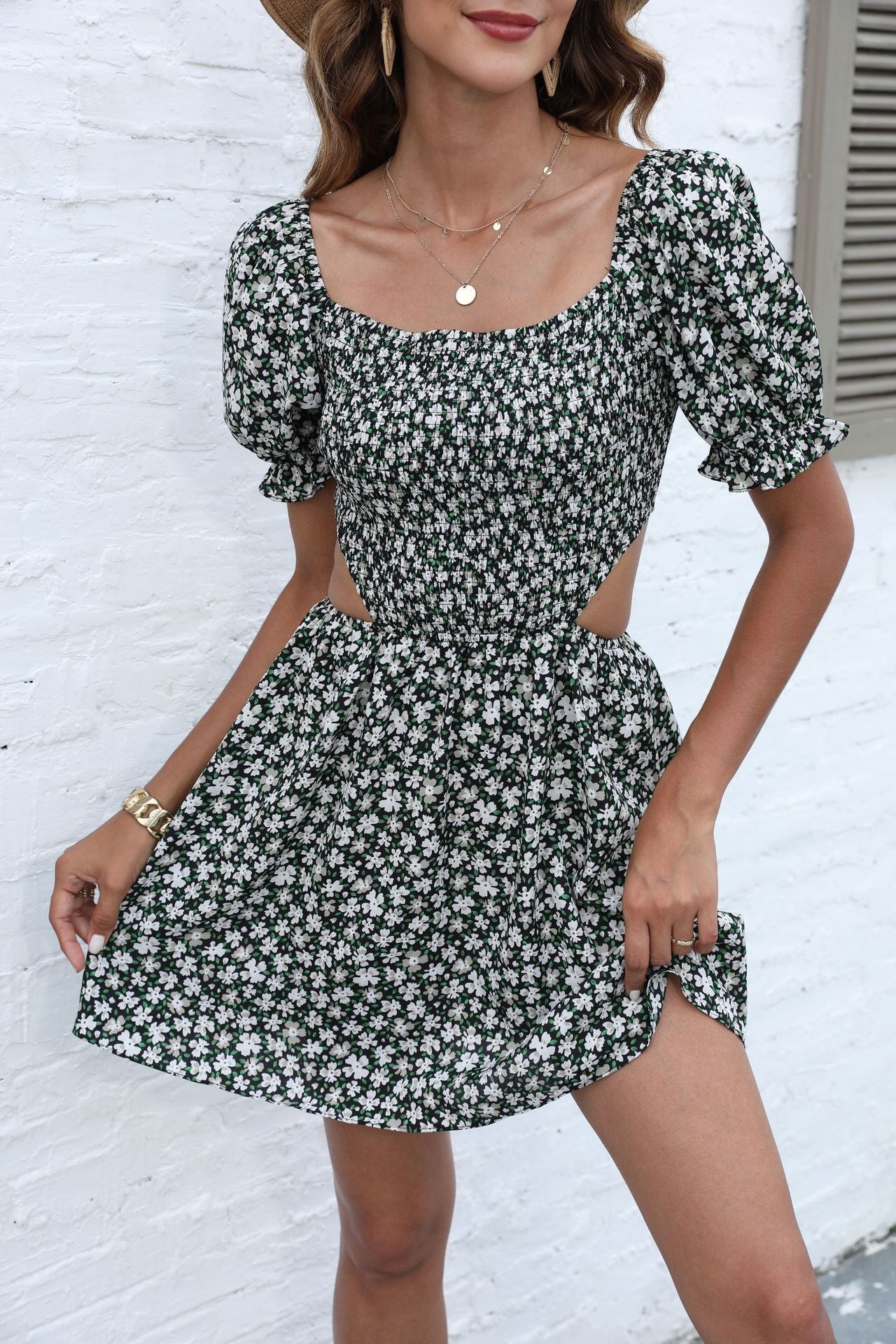 Ditsy Floral Mini Dress with Square Neck and Cut-Out Waist
