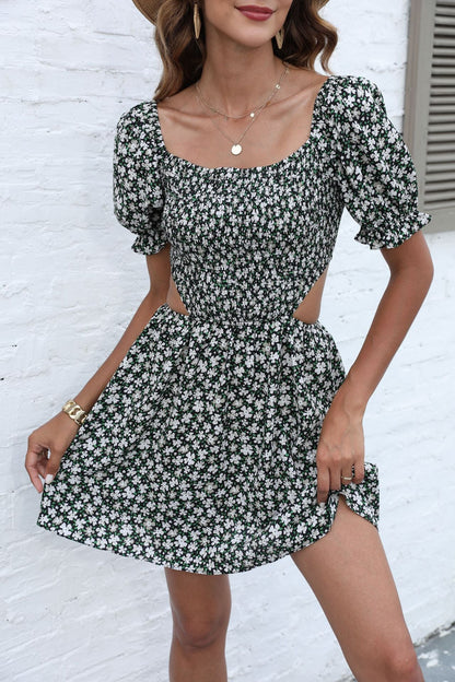 Ditsy Floral Mini Dress with Square Neck and Cut-Out Waist