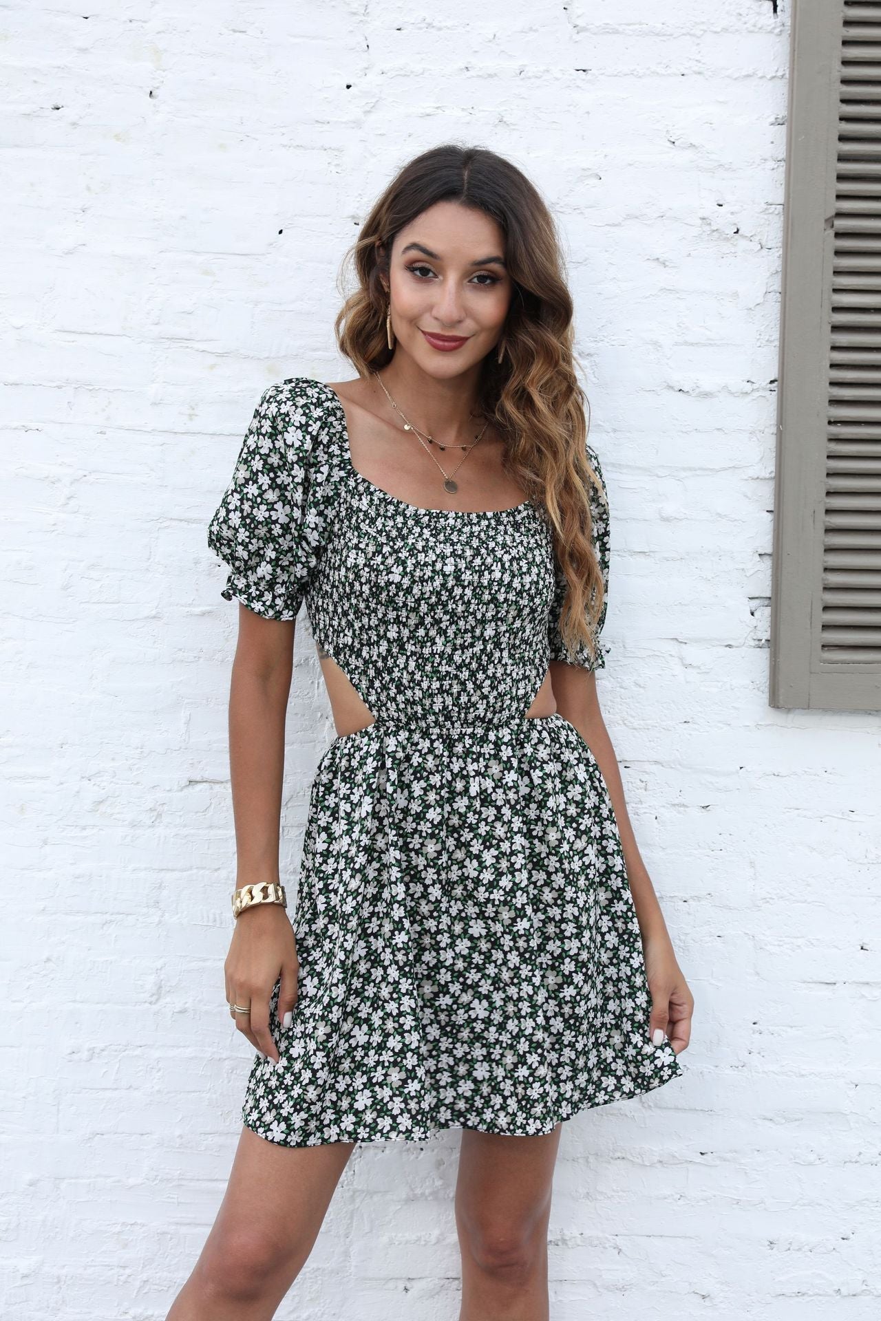 Ditsy Floral Mini Dress with Square Neck and Cut-Out Waist