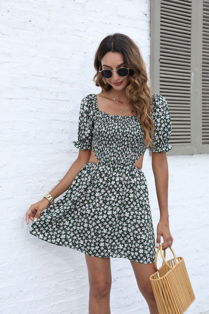 Ditsy Floral Mini Dress with Square Neck and Cut-Out Waist