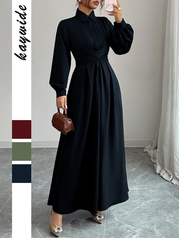 A-Line Long Dress with Lapel Collar and Pleated Wrap Waist