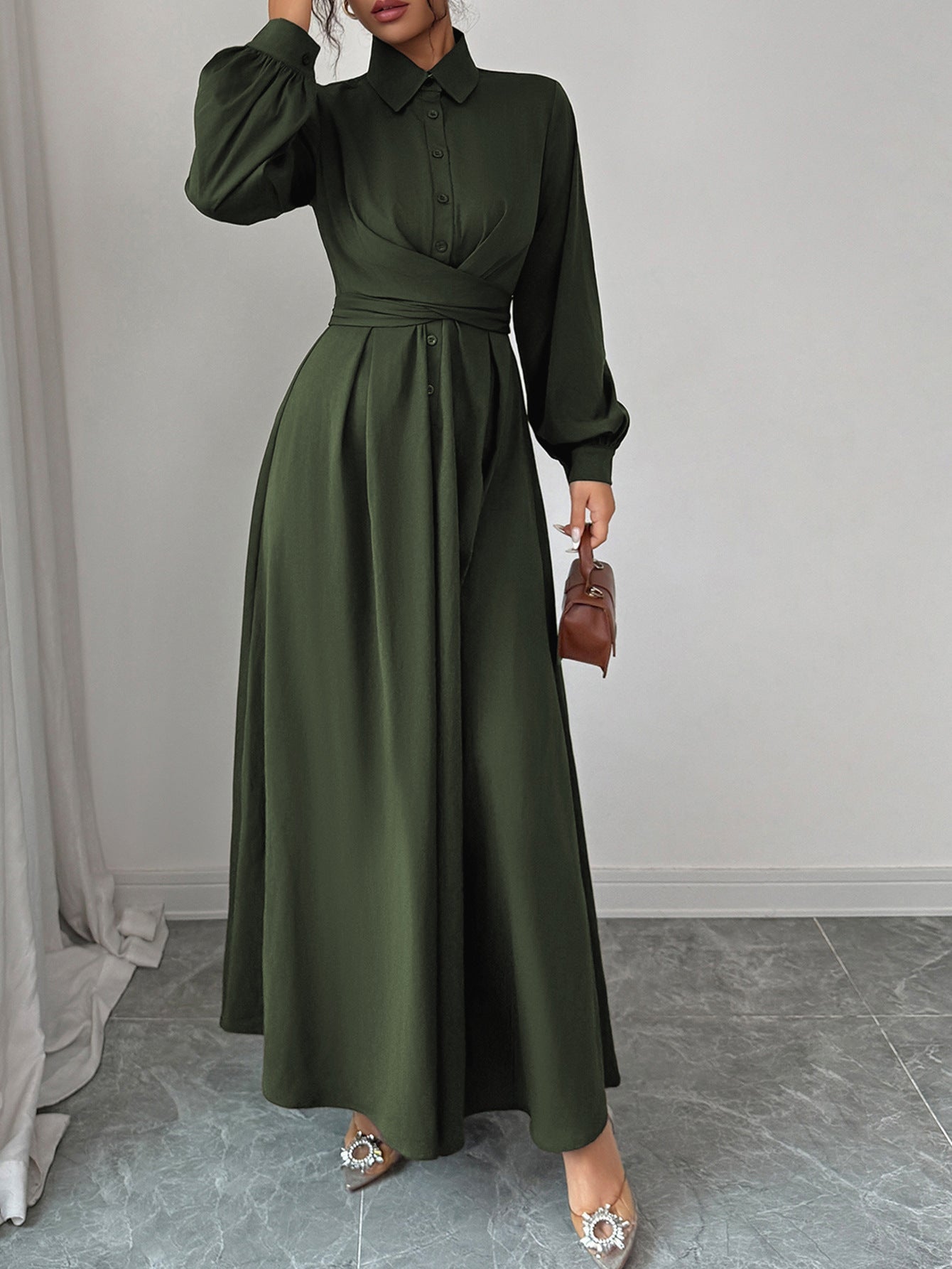 A-Line Long Dress with Lapel Collar and Pleated Wrap Waist