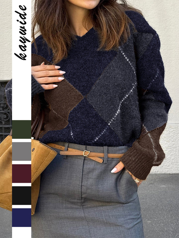 Loose Color-Blocked Argyle Knit Sweater with V-Neck