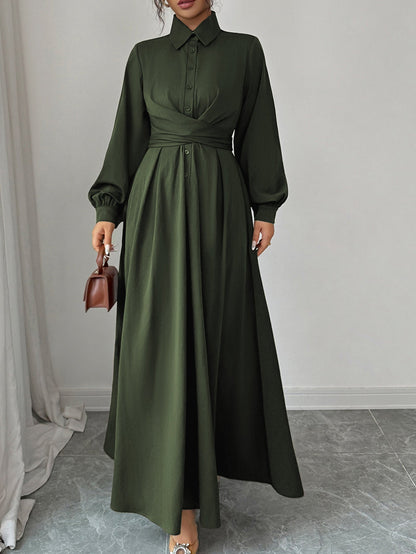 A-Line Long Dress with Lapel Collar and Pleated Wrap Waist