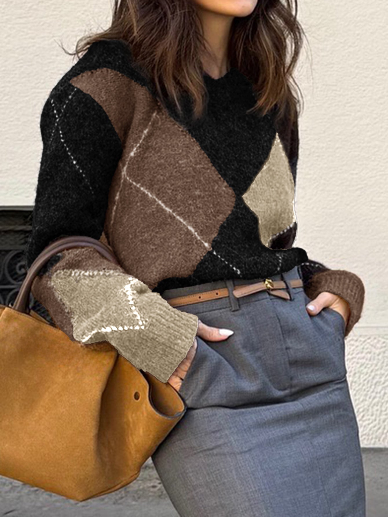 Loose Color-Blocked Argyle Knit Sweater with V-Neck