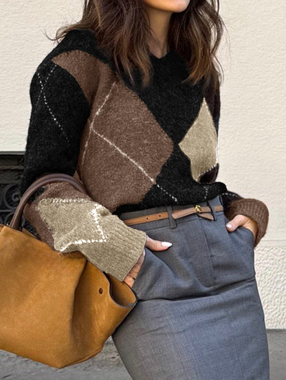 Loose Color-Blocked Argyle Knit Sweater with V-Neck