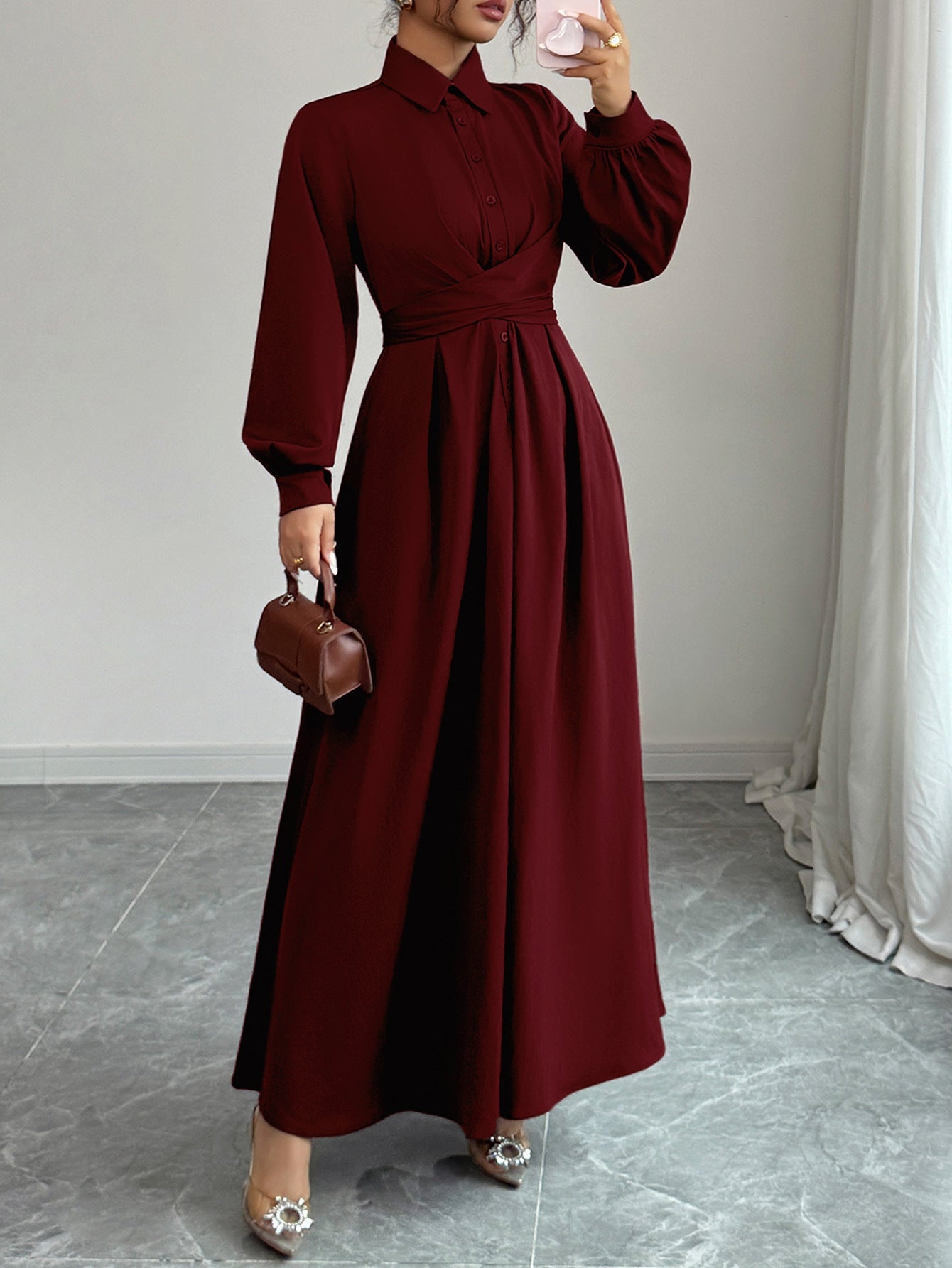 A-Line Long Dress with Lapel Collar and Pleated Wrap Waist