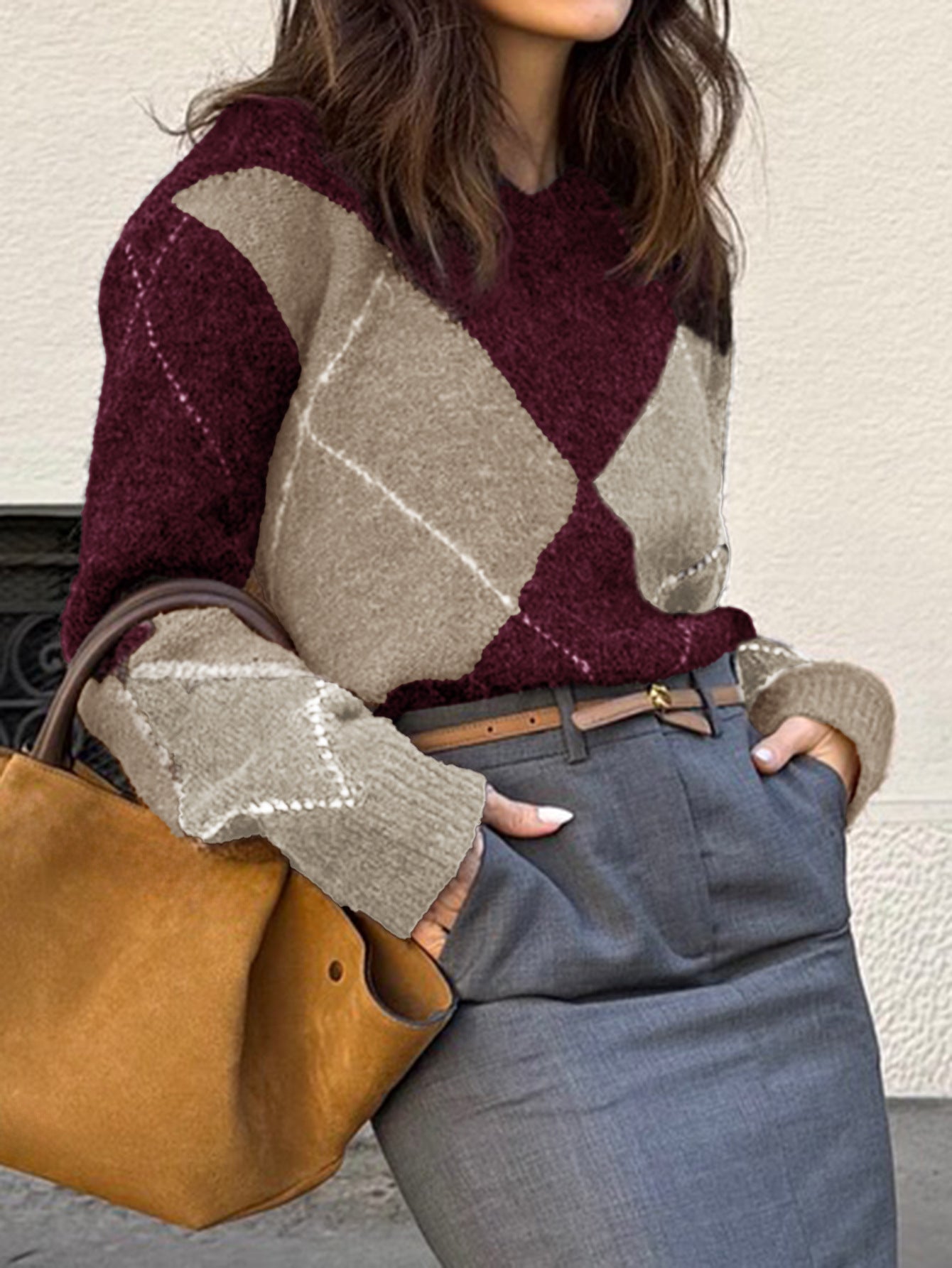 Loose Color-Blocked Argyle Knit Sweater with V-Neck