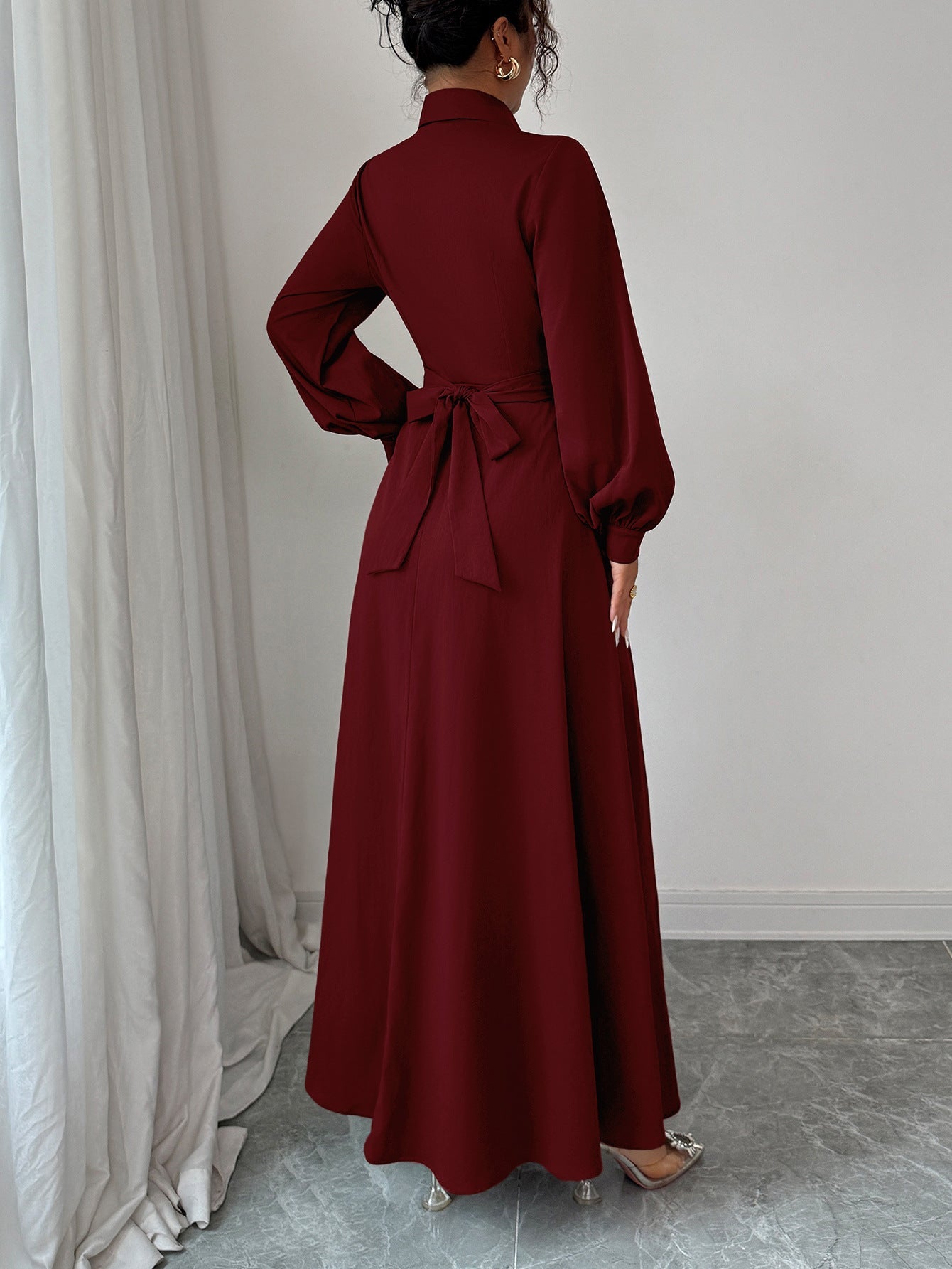 A-Line Long Dress with Lapel Collar and Pleated Wrap Waist