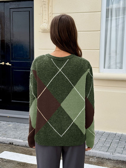 Loose Color-Blocked Argyle Knit Sweater with V-Neck