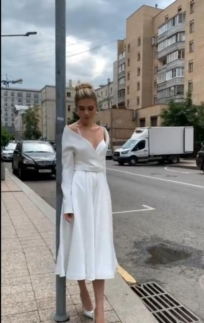 A-Line Midi Dress with Wrap V-Neck and Long Sleeves