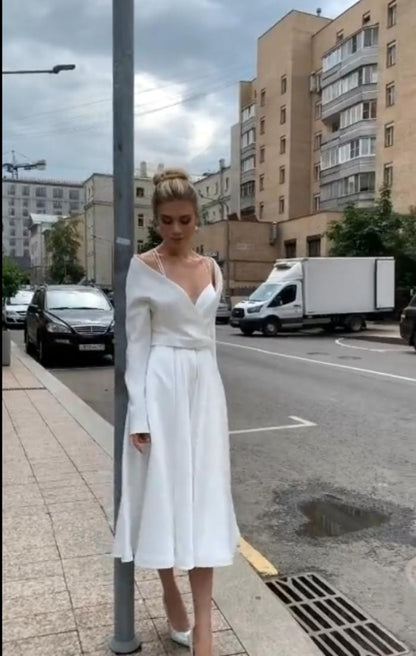A-Line Midi Dress with Wrap V-Neck and Long Sleeves