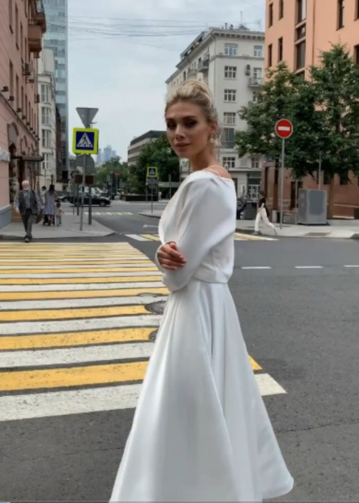 A-Line Midi Dress with Wrap V-Neck and Long Sleeves
