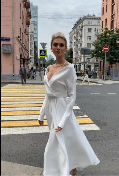 A-Line Midi Dress with Wrap V-Neck and Long Sleeves