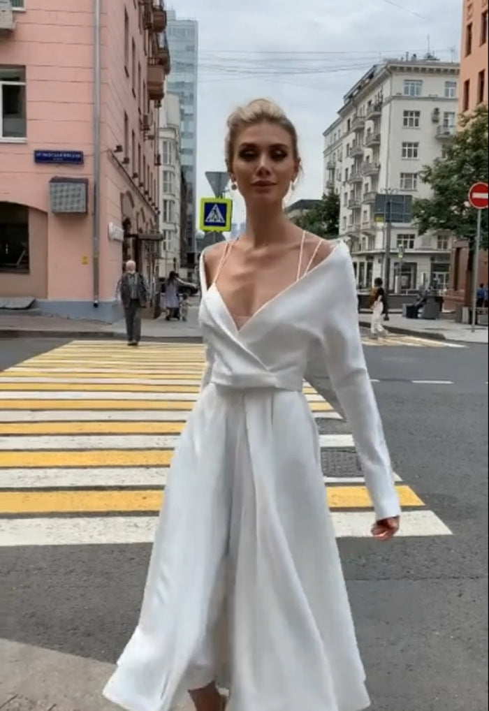 A-Line Midi Dress with Wrap V-Neck and Long Sleeves