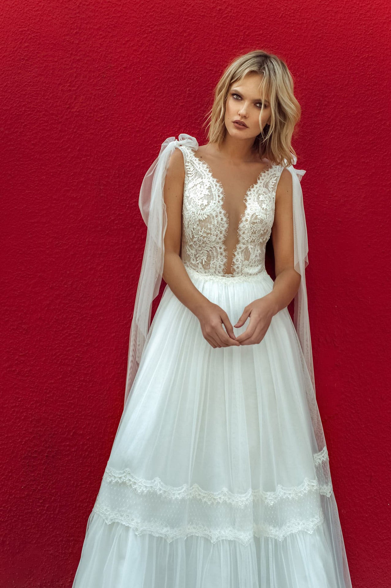 Flowy Tiered Maxi Dress with Deep V-Neck and Lace Bodice