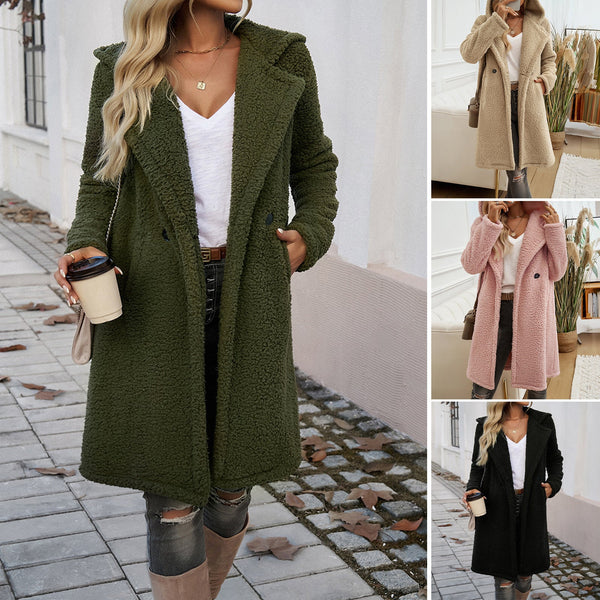 Long Loose Fit Teddy Coat with Hooded Lapel