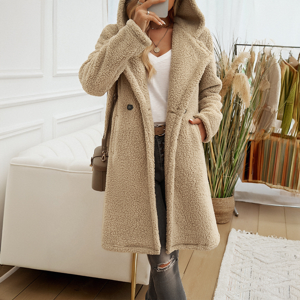 Long Loose Fit Teddy Coat with Hooded Lapel