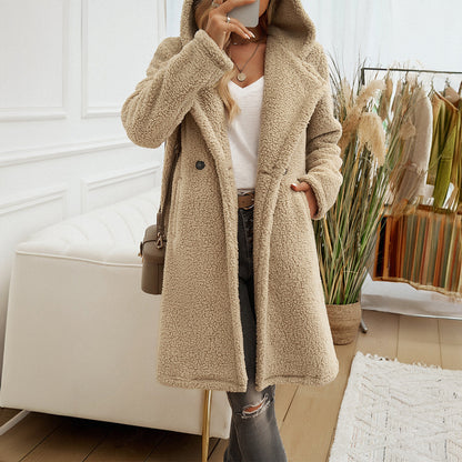 Long Loose Fit Teddy Coat with Hooded Lapel