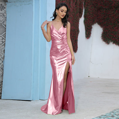 Iridescent Sheath Maxi Dress with Deep V-Neck and High Slit