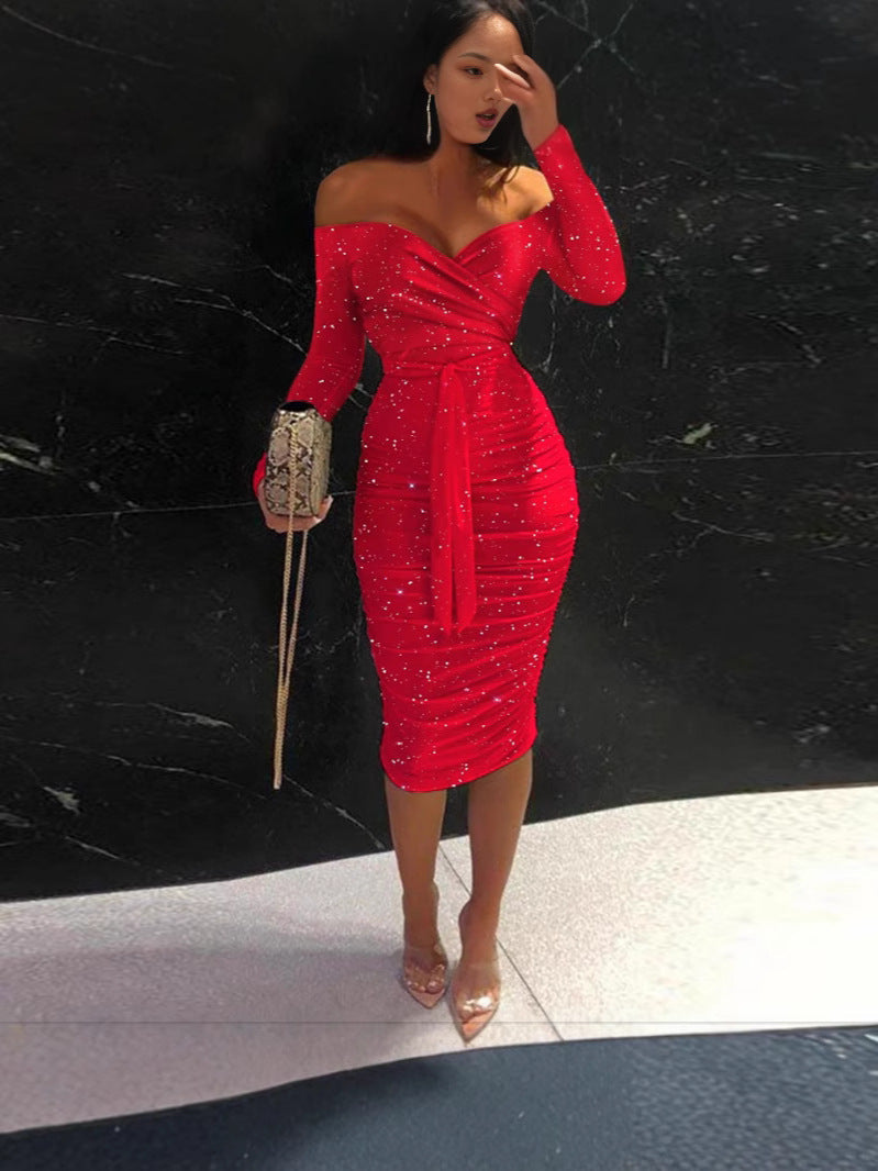 Glitter Bodycon Midi Dress with Off-Shoulder V-Neck and Ruched Detail