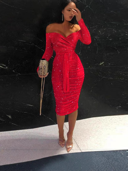 Glitter Bodycon Midi Dress with Off-Shoulder V-Neck and Ruched Detail