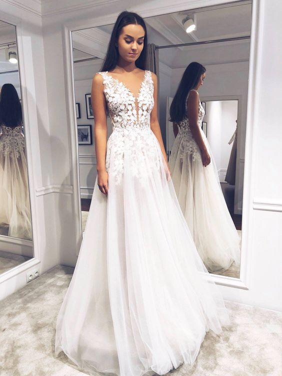 A-Line Gown with Deep V-Neck and Appliqué Details