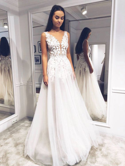 A-Line Gown with Deep V-Neck and Appliqué Details