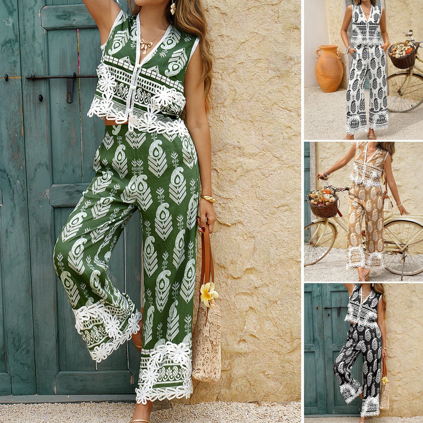 Bohemian Print Sleeveless Pants Set with Lace Trim