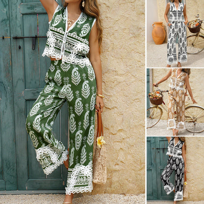 Bohemian Print Sleeveless Pants Set with Lace Trim