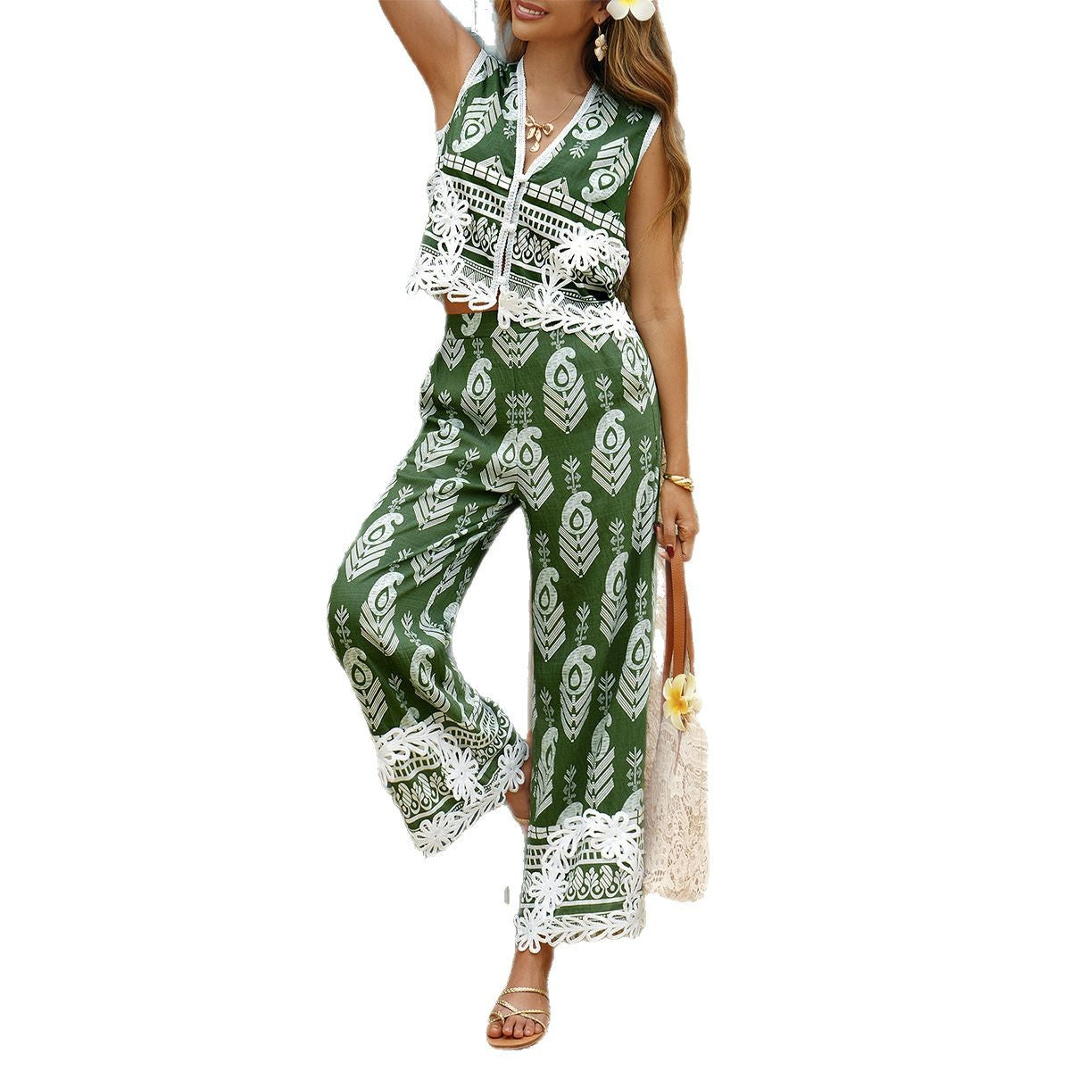 Bohemian Print Sleeveless Pants Set with Lace Trim