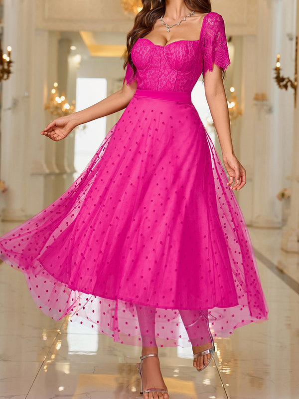 A-Line Midi Dress with Lace Bustier Top and Polka Dot Mesh Skirt