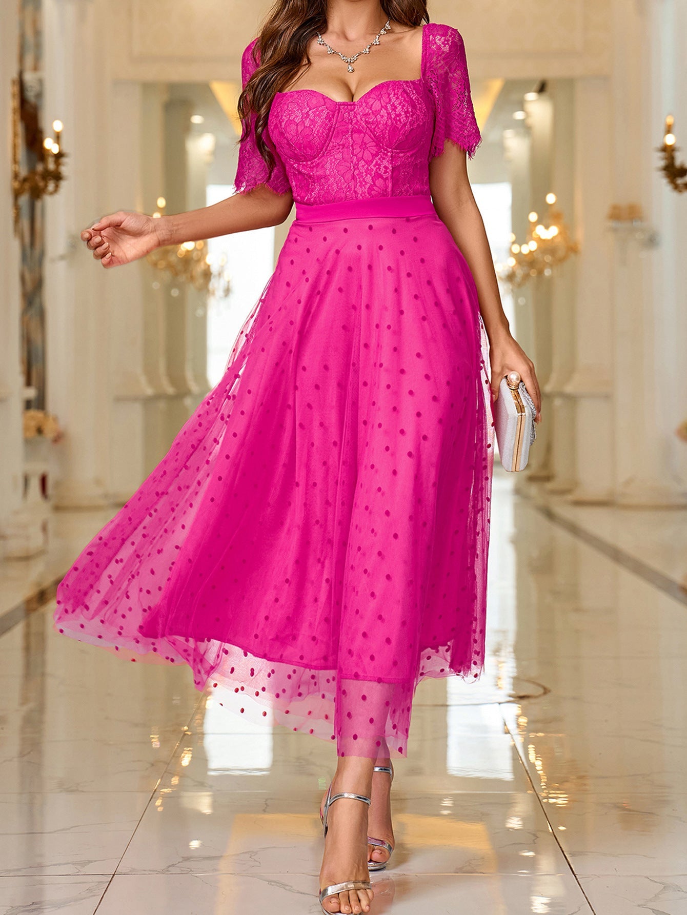 A-Line Midi Dress with Lace Bustier Top and Polka Dot Mesh Skirt