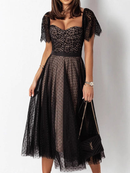 A-Line Midi Dress with Lace Bustier Top and Polka Dot Mesh Skirt