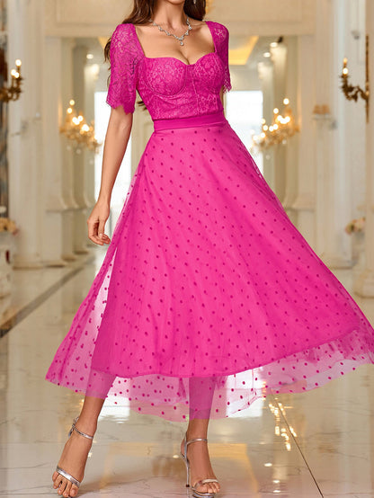 A-Line Midi Dress with Lace Bustier Top and Polka Dot Mesh Skirt