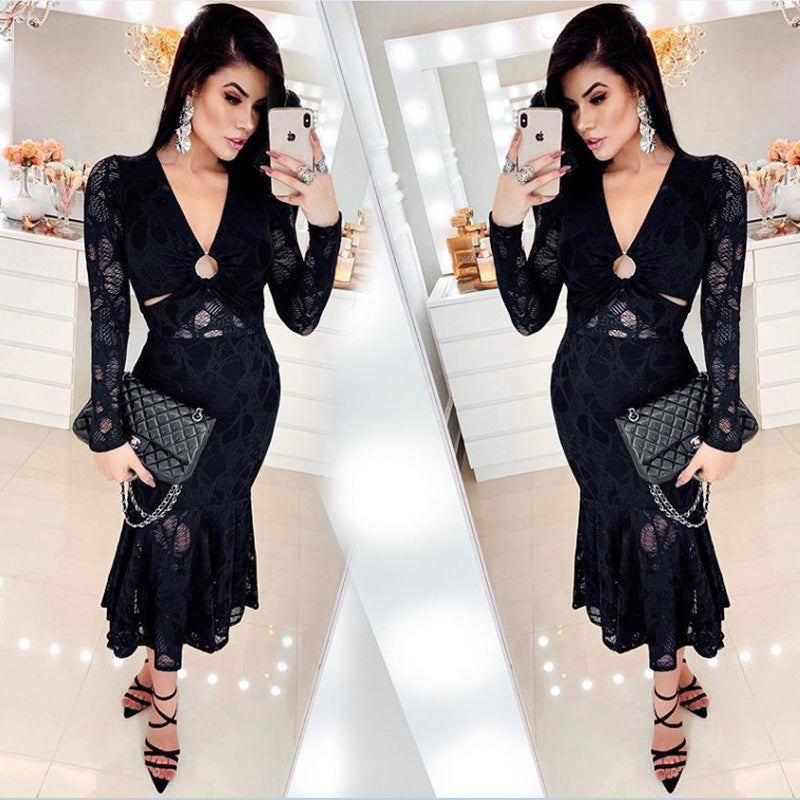 Lace Bodycon Midi Dress with Deep V-Neck and Waist Cutouts