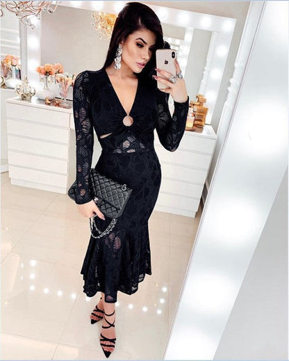 Lace Bodycon Midi Dress with Deep V-Neck and Waist Cutouts