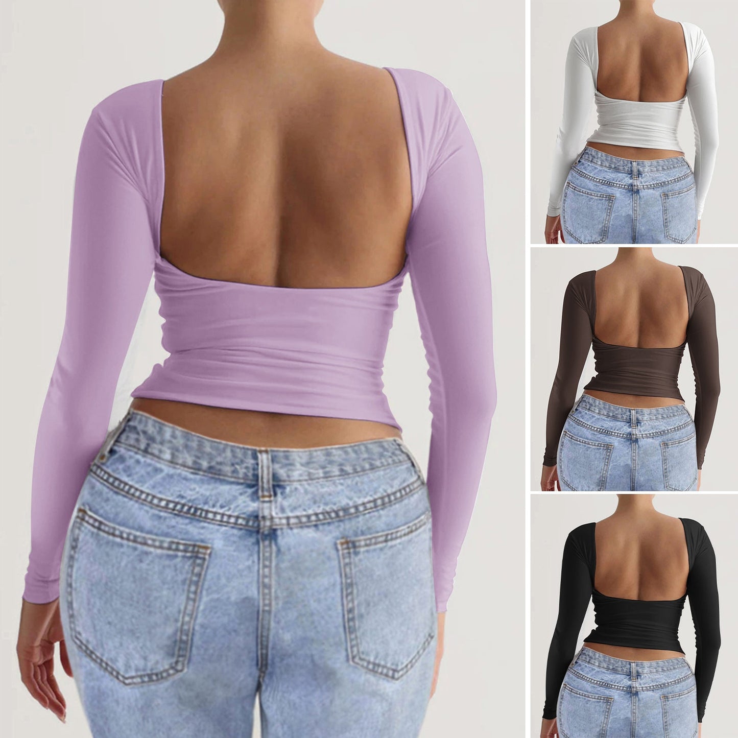 Bodycon Long Sleeve Knit Top with Square Back