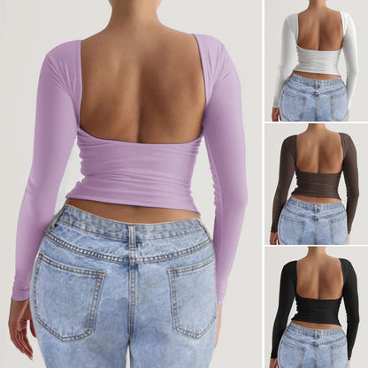 Bodycon Long Sleeve Knit Top with Square Back