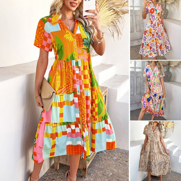 Geometric Tiered Midi Dress with Button Front