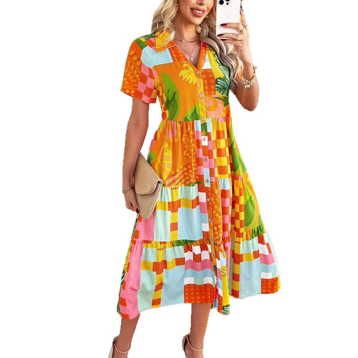 Geometric Tiered Midi Dress with Button Front