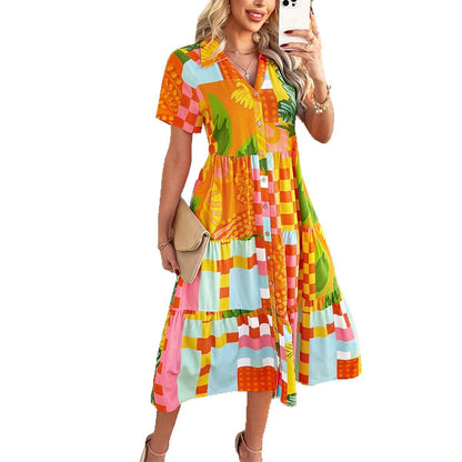 Geometric Tiered Midi Dress with Button Front